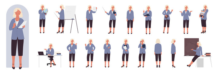 Female teacher poses in front, side and back view, gestures set vector illustration. Cartoon woman in suit sitting and standing, confident professional speaker teaching at blackboard isolated on white