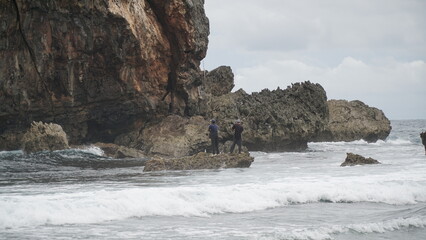 Coral Island which overgrown by trees on the beach and hit by the wave. Jungwok Beach, Yogyakarta,...
