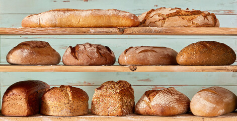 Mix of fresh bread on shelves - Powered by Adobe