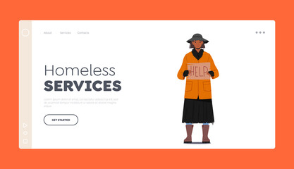 Homeless Services Landing Page Template. Woman Holding Banner Need Help, Bum in Ragged Clothes Begging Money in Trouble