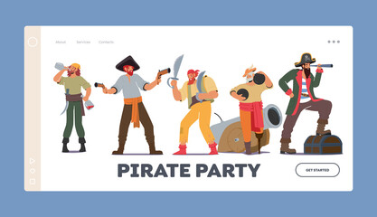 Pirates Party Landing Page Template. Corsairs Characters with Guns, Sabers, Cannon Balls and Bottle of Rum