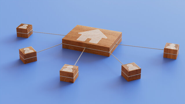 Internet Technology Concept with home Symbol on a Wooden Block. User Network Connections are Represented with White string. Blue background. 3D Render.