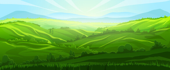 Fototapeta premium hill background landscape vector. green meadow, summer grass, nature field sky, land mountain, forest scenery, horizon valley hill background nature view cartoon illustration