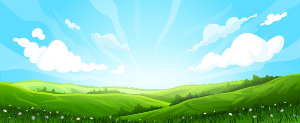meadow background landscape vector. green grass, field hill, spring sky, summer countryside, cartoon land, rural scene, farm scenery meadow background nature view cartoon illustration © PikePicture