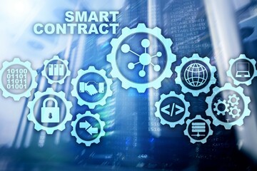 Smart Contract on modern server room background. Business Technology