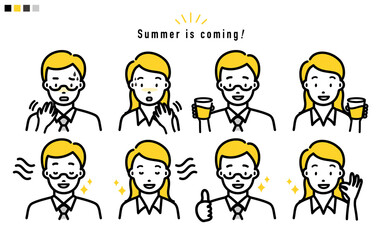 夏のサラリーマン男性と女性の上半身 イラスト_黄モノトーン