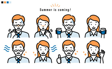 夏のサラリーマン男性と女性の上半身 イラスト_青とオレンジ