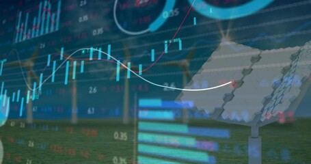 Animation of financial data processing over solar panel - Powered by Adobe