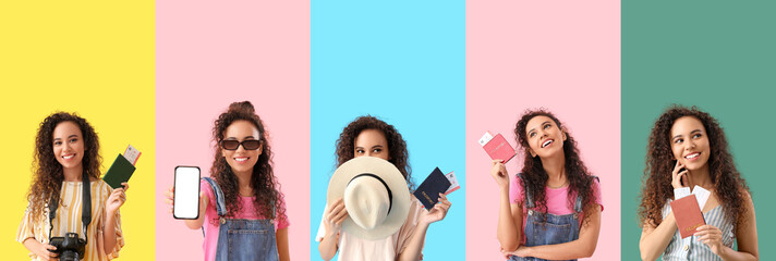 Set of female African-American tourist on colorful background