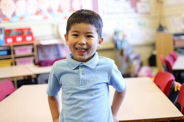 Young school boy standing in front of desk, smiling at camera