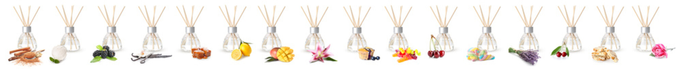 Many different reed diffusers on white background