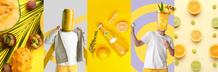 Crazy collage with stylish people, refreshing soda drinks and juicy fruits