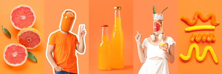 Crazy collage with stylish people, refreshing soda drinks, pop tubes and juicy grapefruit on orange...