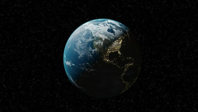 World planet satellite, Stars 3d render. Outer space. Concept of climate change, dark night, cities lights, sunrise. Beautiful 3d earth planet animation. 4k