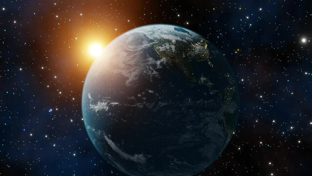 Concept of climate change, dark night, cities lights, sunrise. Beautiful 3d planet earth animation. Sunrise from outer space. World planet satellite, Stars, nebula and galaxy 3d render. 4k