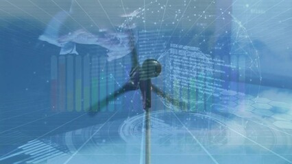 Animation of financial data and businessman using touchscreen over wind turbine - Powered by Adobe