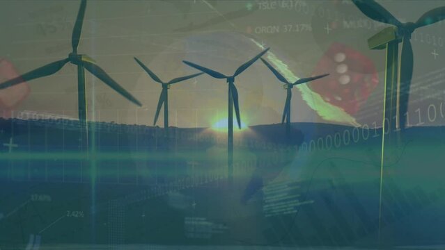 Animation of financial data and graphs over wind turbines at sunset