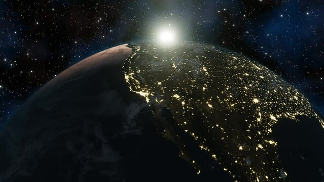Beautiful 3d earth planet animation. Sunrise from outer space. Concept of climate change, dark night, cities lights, sunrise. World planet satellite, Stars, nebula and galaxy 3d render. 4k footage