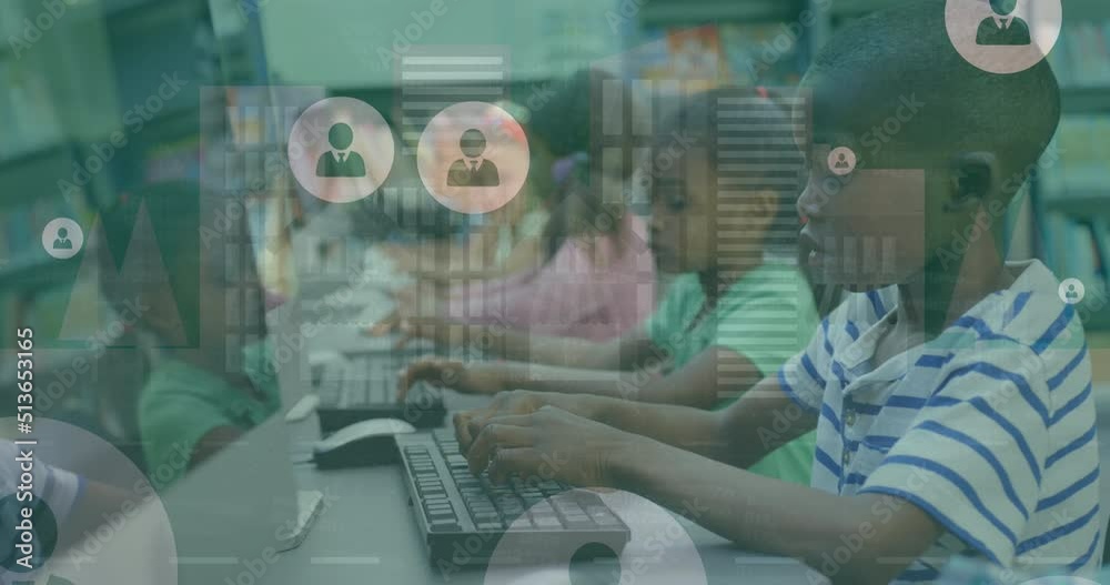Poster animation of data processing over diverse schoolchildren using computers