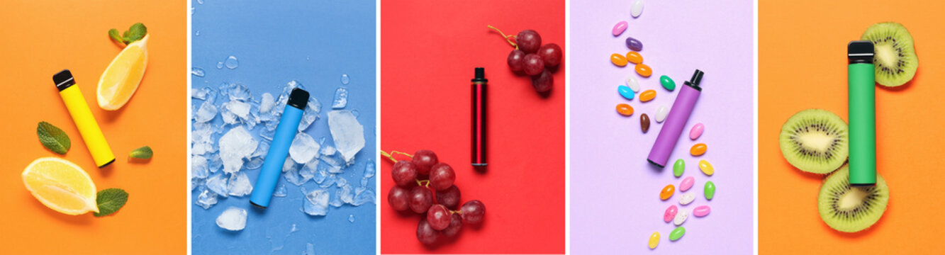 Set of modern electronic cigarettes on color background, top view