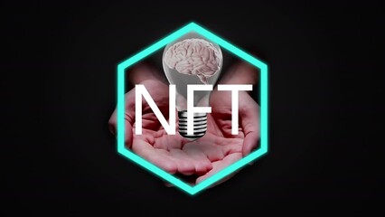 Nft text over hexagonal banner against human brain in bulb spinning over cupped hands - Powered by Adobe
