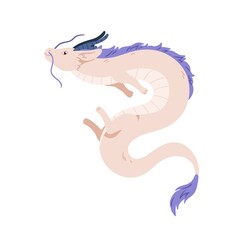 Cute baby dragon. Magic fairy animal. Childish fairytale character, funny dinosaur. Mythical lizard, sweet lovely reptile. Childrens flat vector illustration isolated on white background