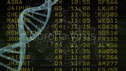 Dna structure spinning and covid-19 cells against airport information board on black background - Powered by Adobe