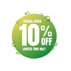 10% off percent, special offer, limited time only. 3D Green light bubble design. Super discount online coupon. vector illustration, ten