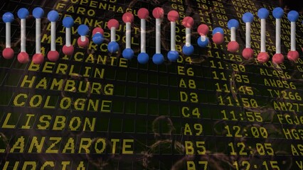 Dna structure spinning and covid-19 cells against airport information board on black background - Powered by Adobe