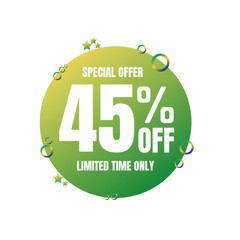 45% off percent, special offer, limited time only. 3D Green light bubble design. Super discount online coupon. vector illustration, Forty five 
