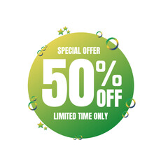 50% off percent, special offer, limited time only. 3D Green light bubble design. Super discount online coupon. vector illustration, Fifty 