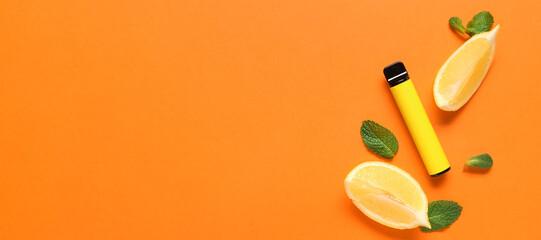Modern electronic cigarette, lemon and mint leaves on orange background with space for text