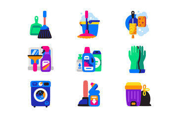 Cleaning supplies and tools icon set