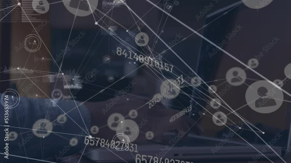 Poster animation of network of connections and data processing over person using laptop