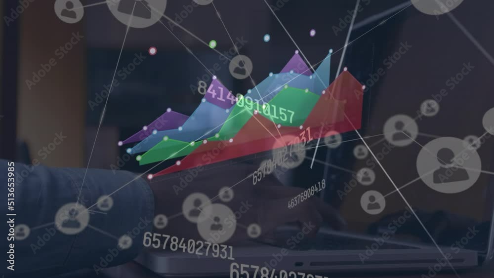 Poster animation of network of connections and data processing over person using laptop