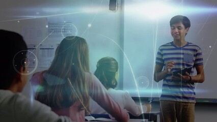 Animation of network of connections over biracial boy making presentation at school - Powered by Adobe