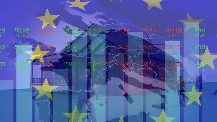 Animation of european union stars over graphs, data and house - Powered by Adobe