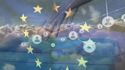 Animation of european union stars over connections, clouds and hands of woman recycling plastic - Powered by Adobe