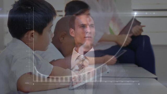 Animation of graphs over caucasisn businessman and asian boy learning with tablet at school