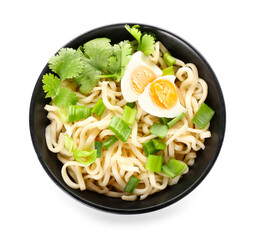 Bowl of tasty noodles with eggs isolated on white background
