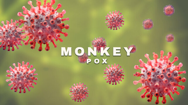 Monkeypox variant. Monkeypox virus molecules on yellow background. Mutation and spread of monkeypox. Monkeypox contagion in 3D.