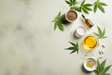 Obraz na płótnie Canvas Hemp cannabis leaves and products