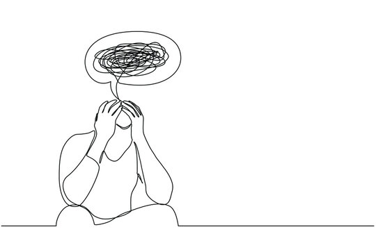 Continuous one line drawing of a confused man worried about mental health. Problems, failure, stress, sadness, heartbreak and depression concept in doodle style on transparent background.