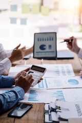 Group of business people brainstorm meeting presentation discussing planning strategy new business development working with new startup project in office.