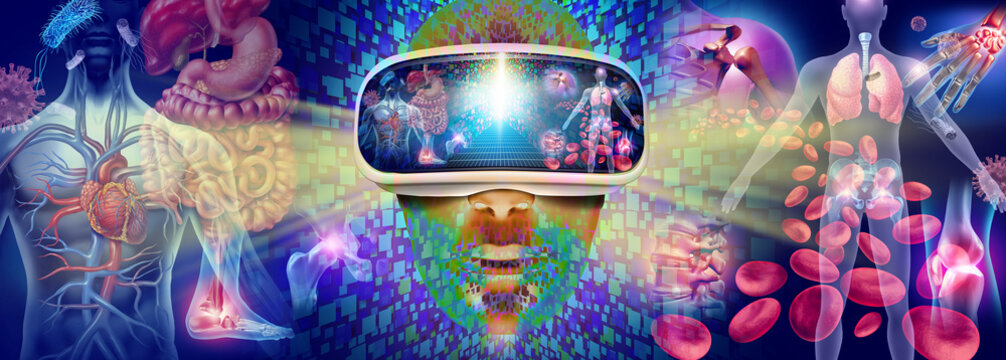 Virtual reality medicine and Metaverse medical education technology  as the human body and disease see through a VR headset as  a healthcare exploration simulation