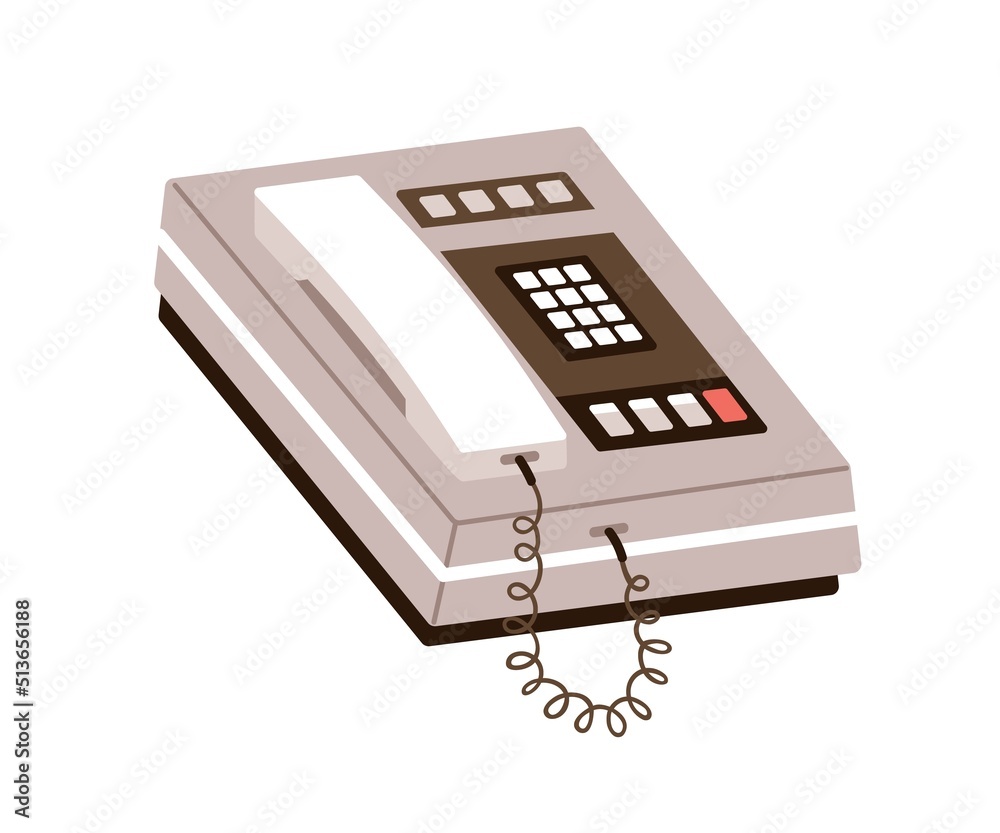 Aufkleber Retro touch tone phone with keypad. Push button telephone with keys, headset of 1975 type. History communication device, 70s and 80s tel. Flat vector illustration isolated on white background