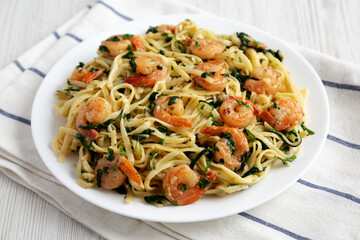 Homemade One-Pot Lemon Garlic Shrimp Pasta on a Plate, side view.