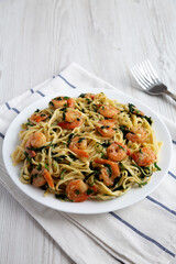 Homemade One-Pot Lemon Garlic Shrimp Pasta on a Plate, side view.
