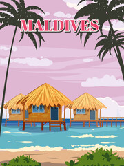 Maldives tropical resort poster vintage. Travel holiday summer. Beach coast traditional huts, palms, ocean. Retro style illustration vector - obrazy, fototapety, plakaty