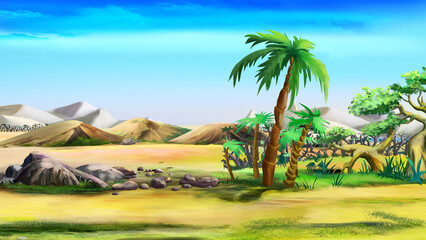 African desert landscape with palm tree